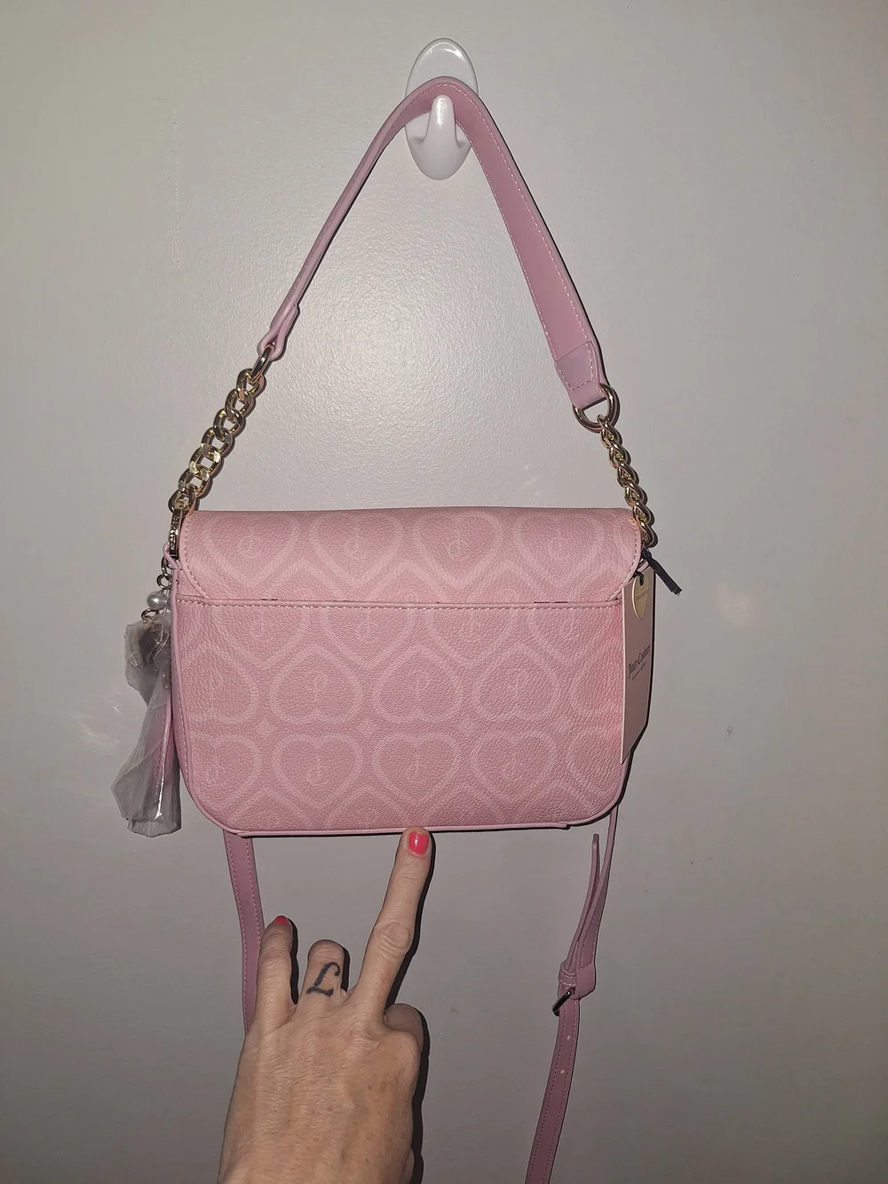 Juicy Couture Pink Heart-Pattern Crossbody Bag Or Shoulder Bag with Gold Accents